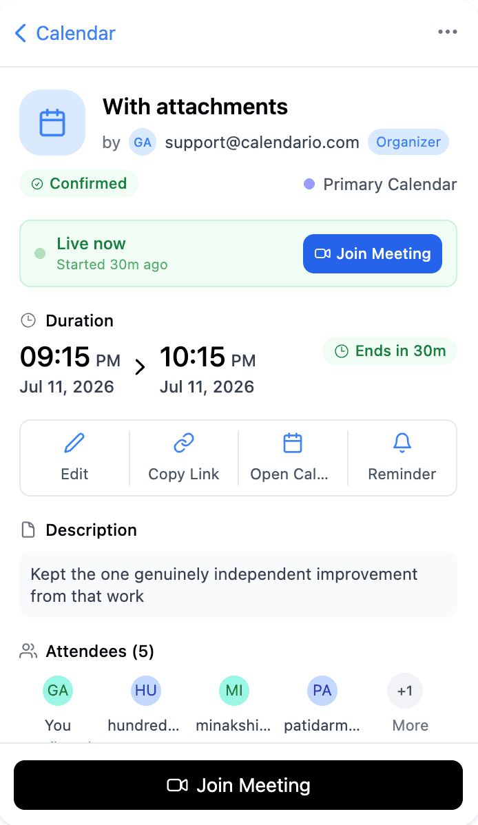 Full event detail view with attendees and join button