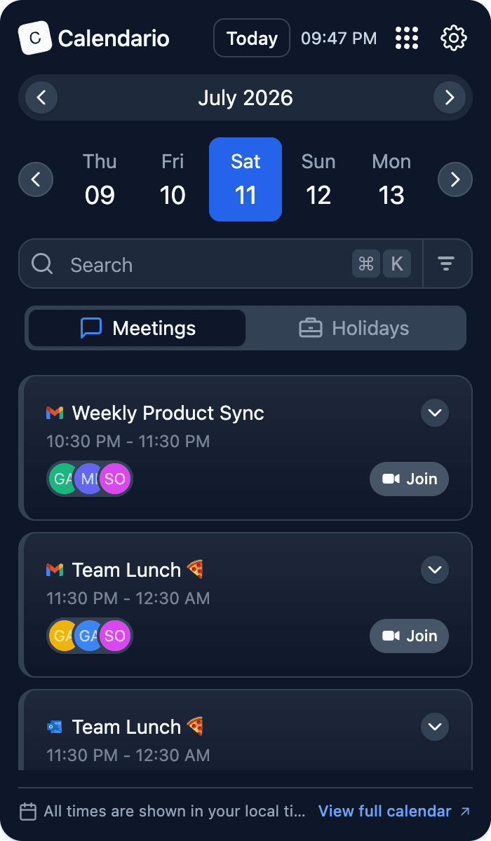 Calendario agenda view showing live and upcoming meetings