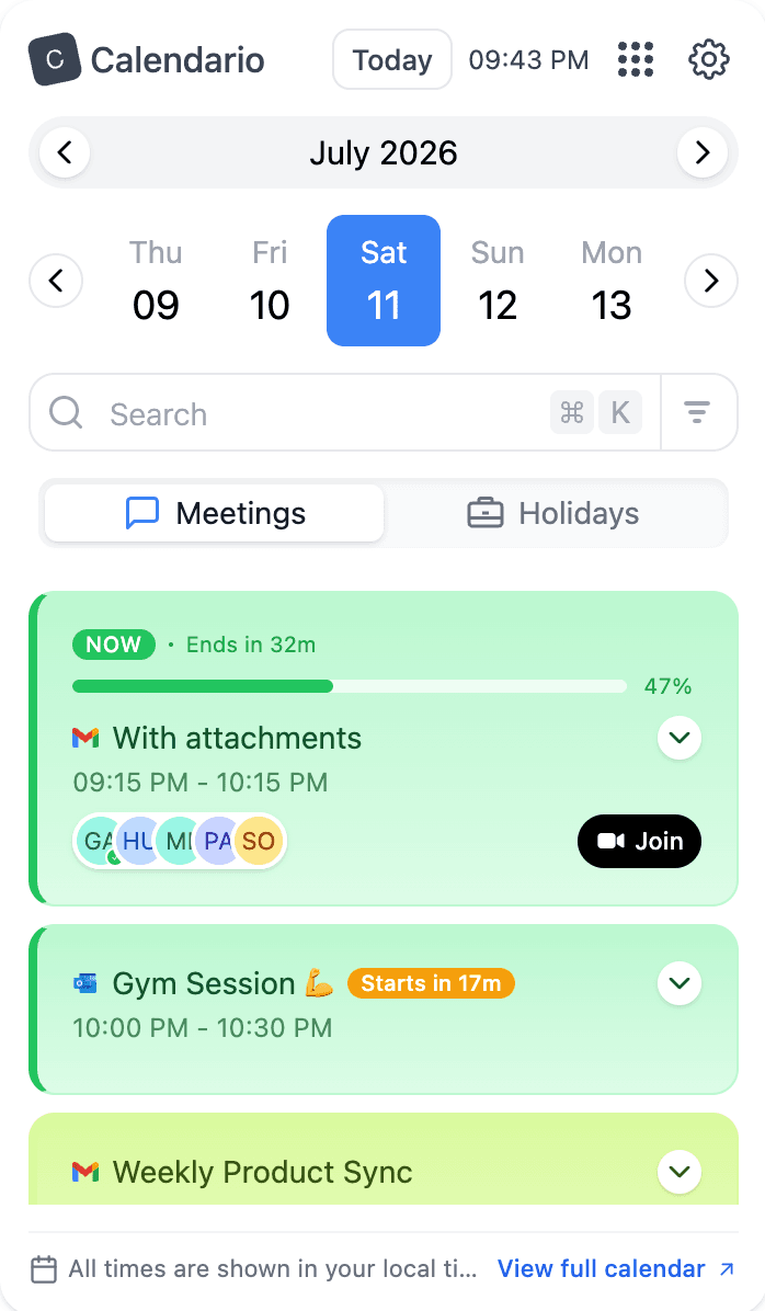Calendario agenda popup showing today's meetings