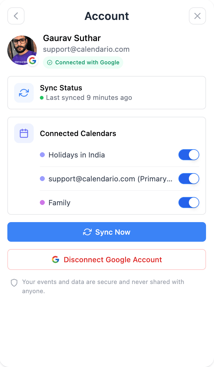 Connected Google account with calendar sync toggles