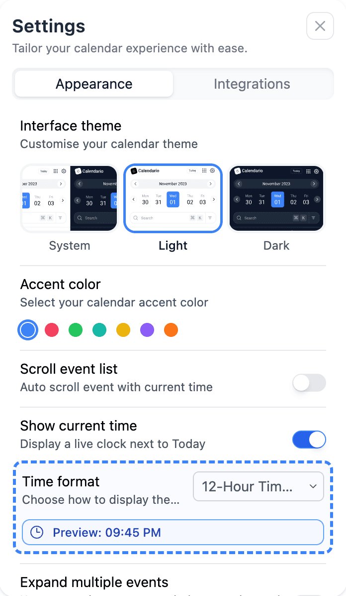 Appearance settings with theme and accent color options