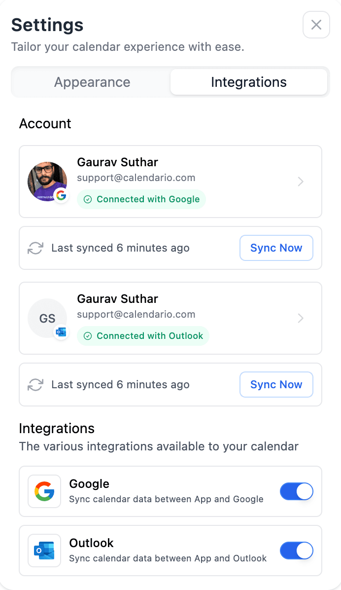 Google and Outlook accounts connected in Calendario settings