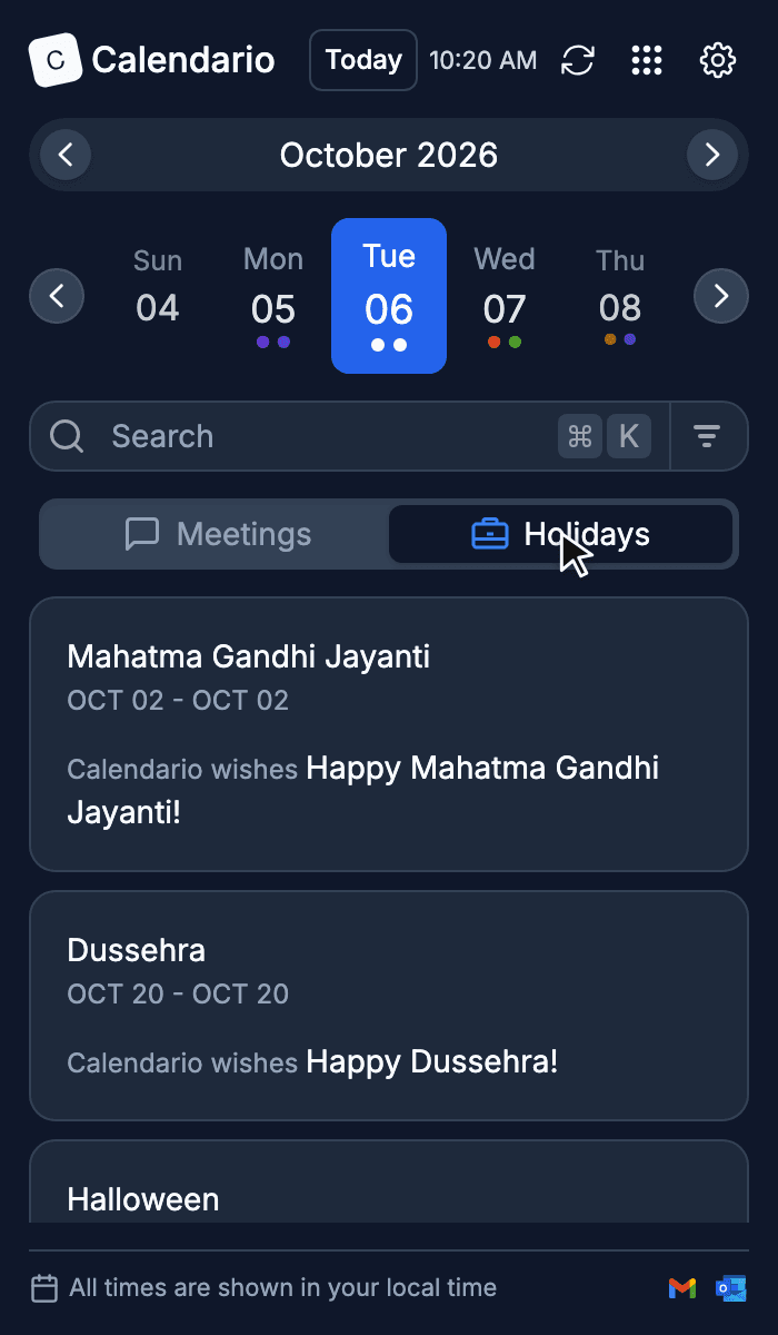 Calendario Holidays tab listing upcoming public holidays in dark mode