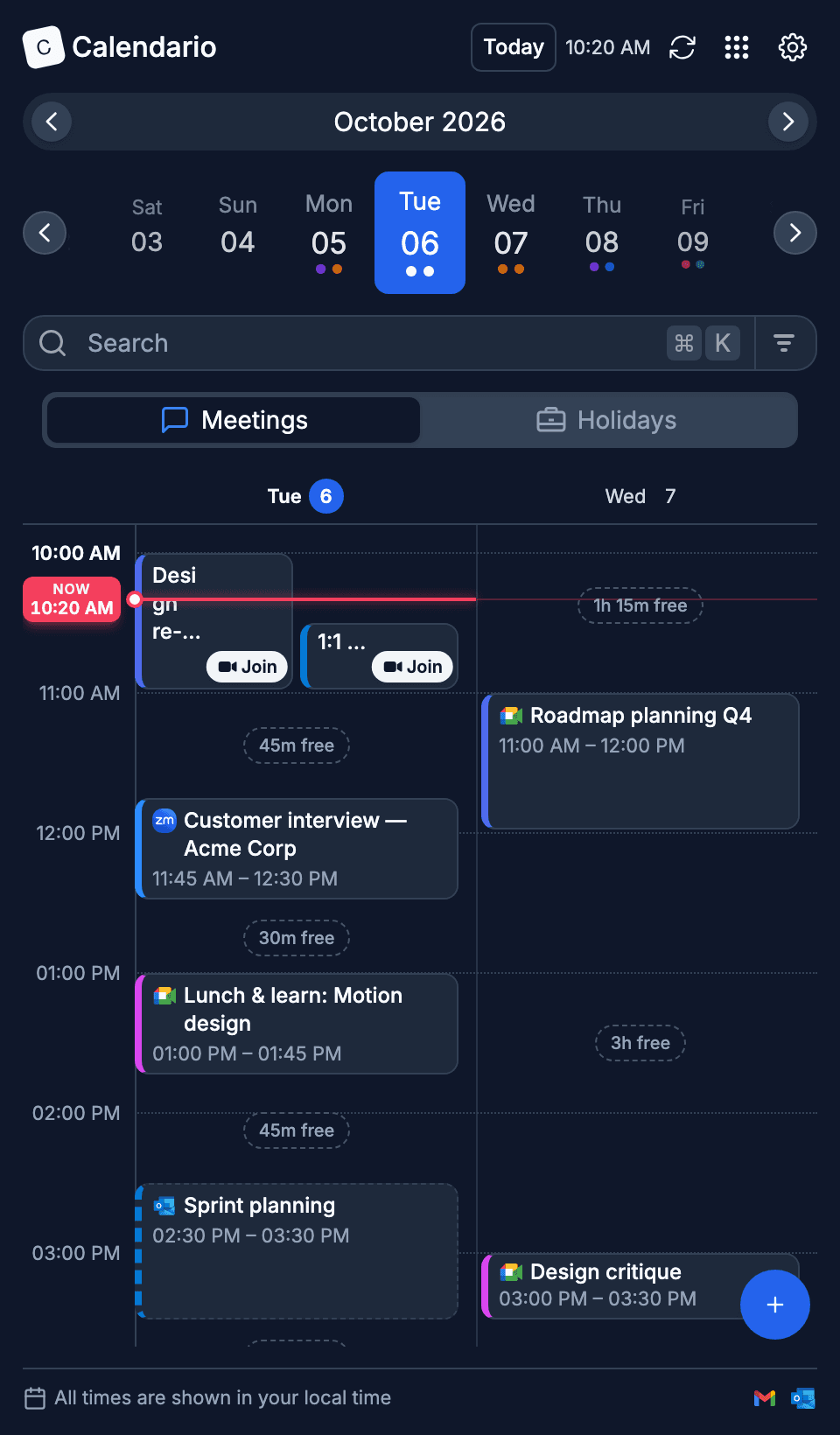 Calendario side panel showing Tuesday and Wednesday side by side in dark mode